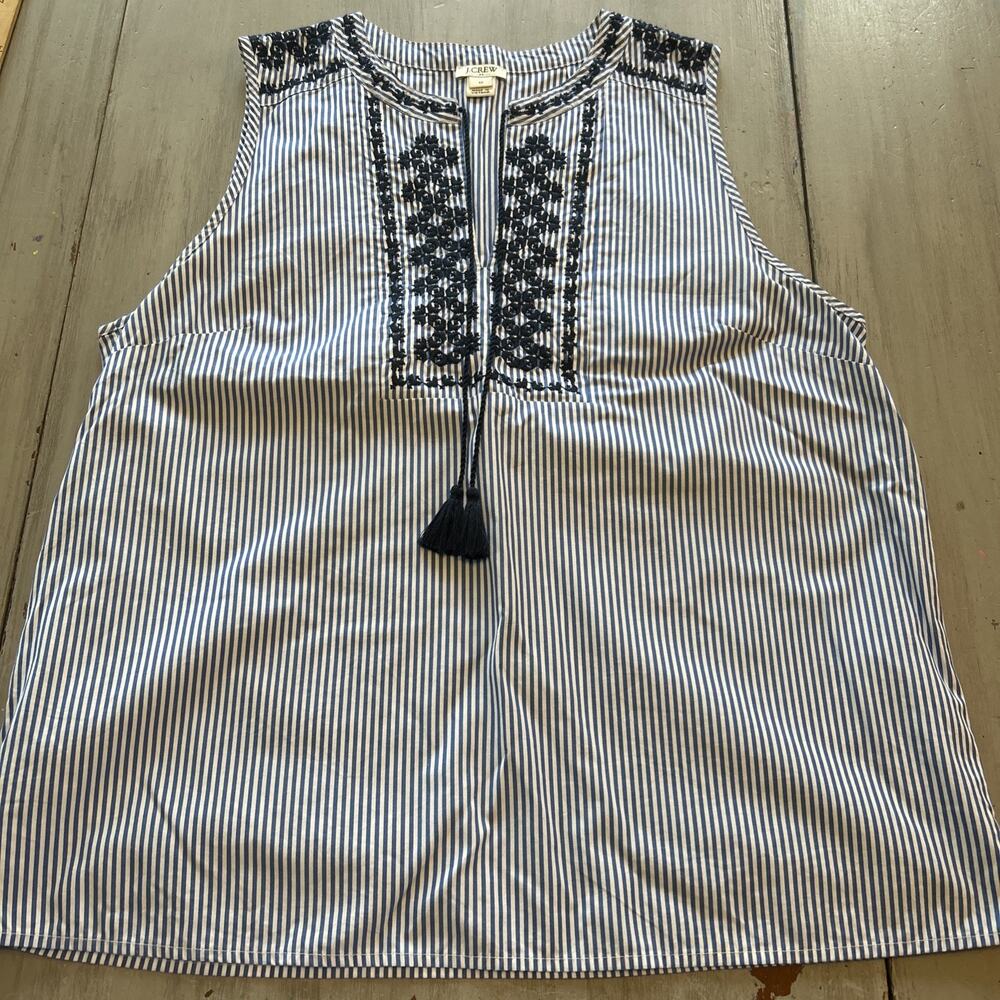 J Crew Blue White Stripe Embroidered Tank Top Sz 12 Tassel Classic Preppy